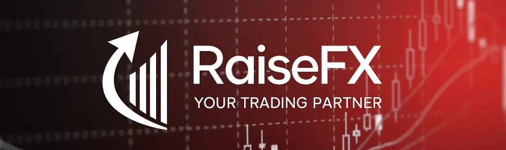 RaiseFX trading chart banner with red gradient background